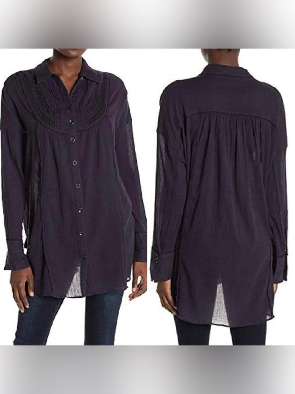 Free People Navy Button Down Cotton Gauze Tunic